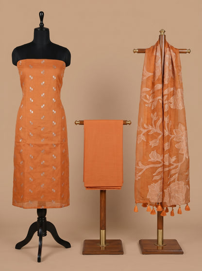 Rust Orange Chanderi Silk Unstitched Suit Set with Floral Organza Dupatta