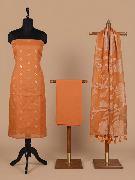 Rust Orange Chanderi Silk Unstitched Suit Set with Floral Organza Dupatta