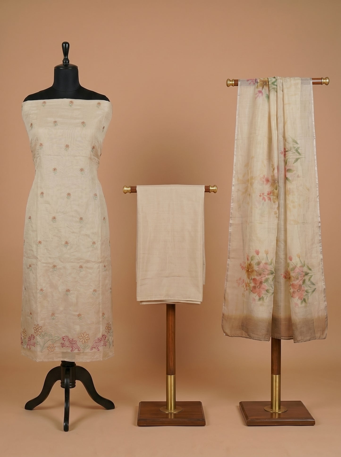Beige Mulmul Cotton Unstitched Suit Set with Floral Kota Dupatta