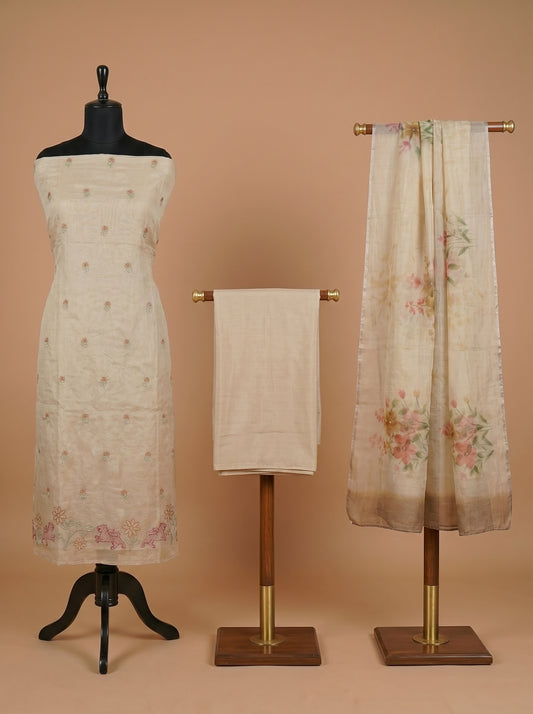 Beige Mulmul Cotton Unstitched Suit Set with Floral Kota Dupatta
