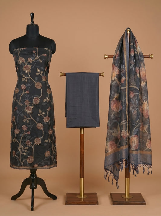 Midnight Blue Printed Organza Unstitched Salwar Kameez