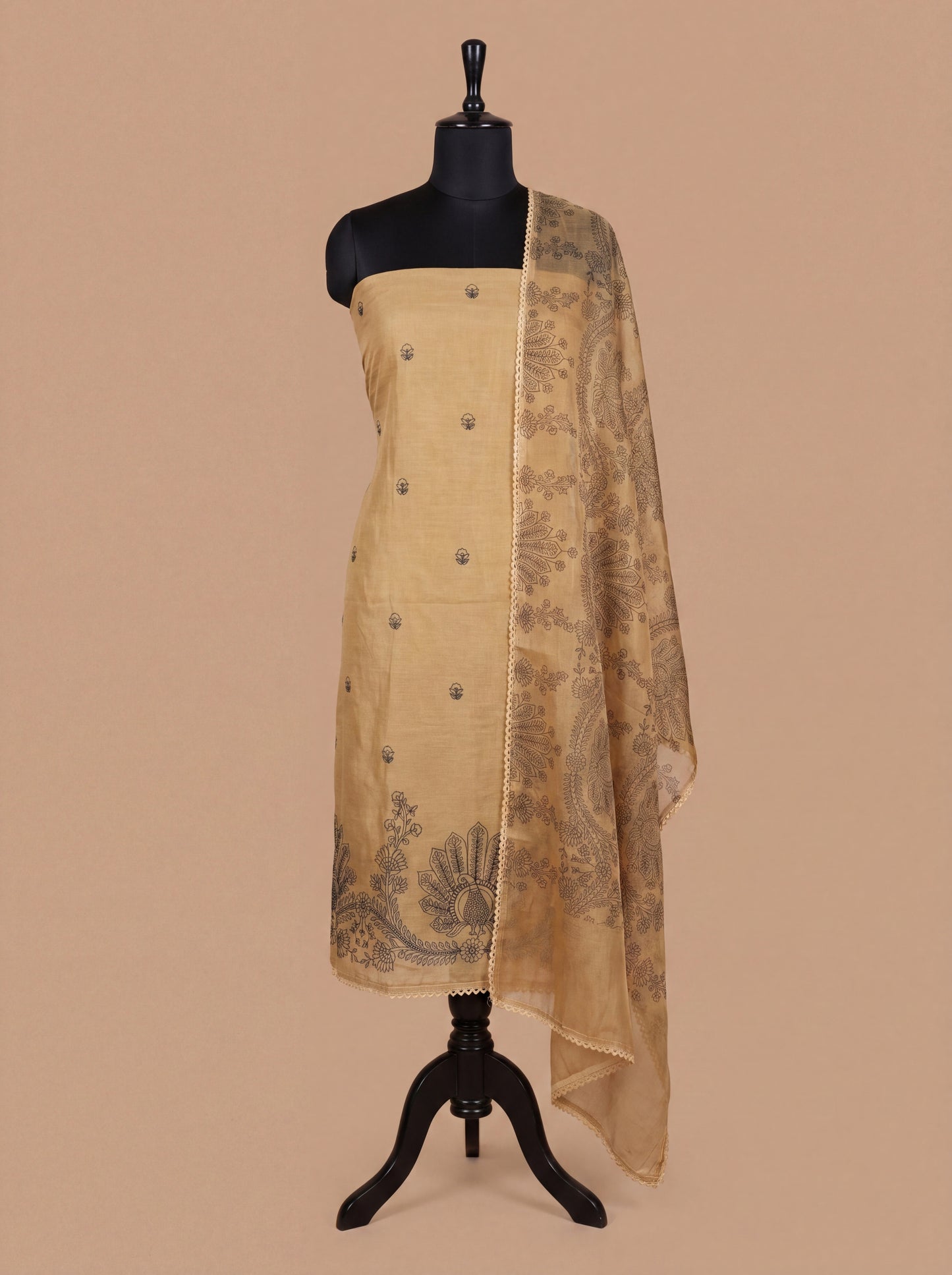 Mustard Chanderi Unstitched Suit Set with Hand Block Organza Dupatta