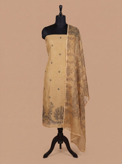 Mustard Chanderi Unstitched Suit Set with Hand Block Organza Dupatta