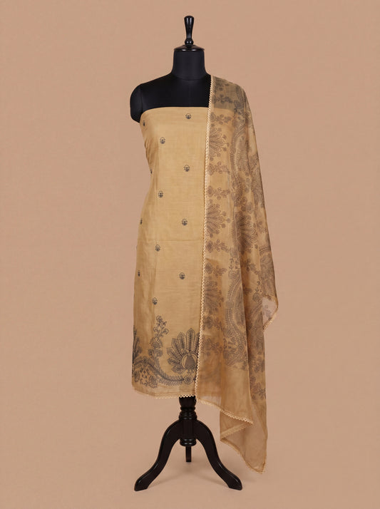 Mustard Chanderi Unstitched Suit Set with Hand Block Organza Dupatta