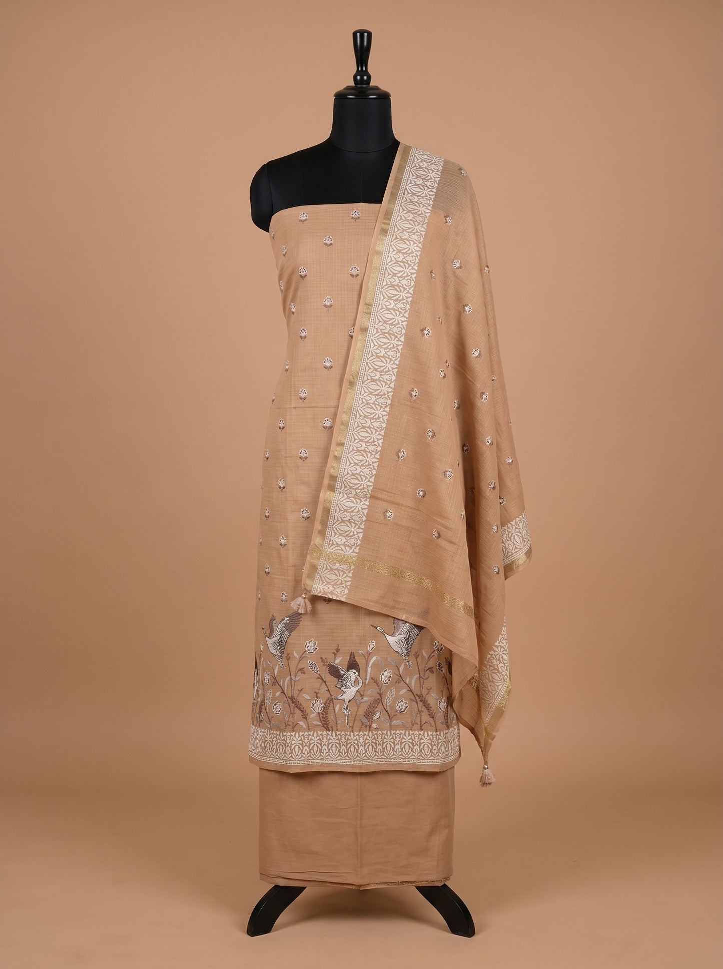 Peach Beige Kota Unstitched Suit Set with Bird Motif Embroidery