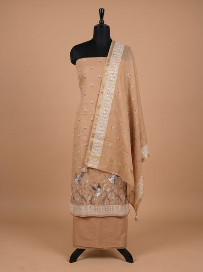 Peach Beige Kota Unstitched Suit Set with Bird Motif Embroidery