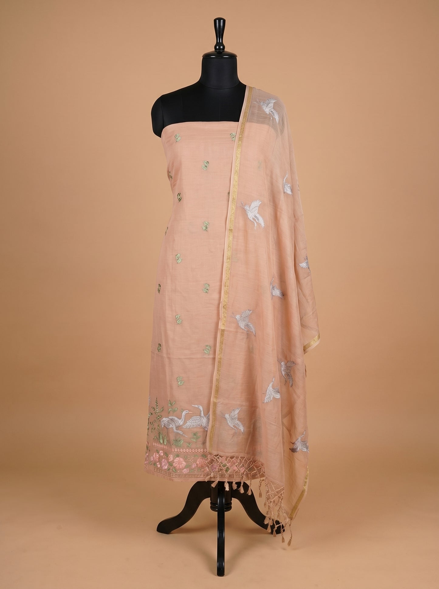 Peach Thread Embroidered Mulmul Cotton Unstitched Salwar Kameez