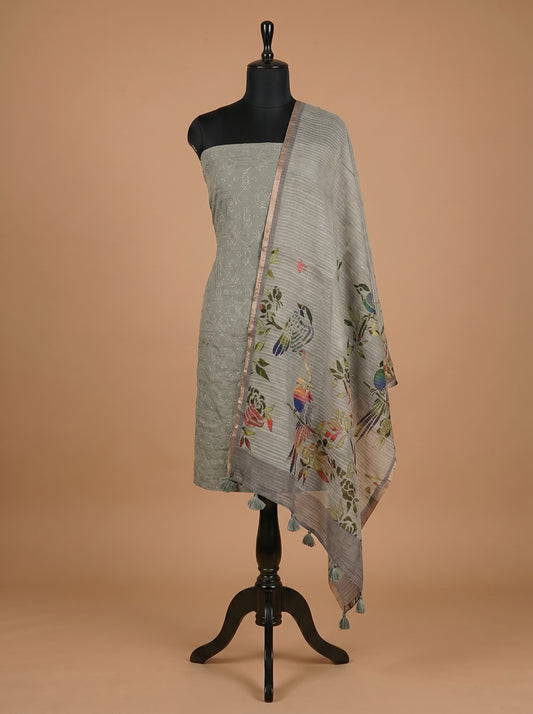 Ash Grey Bandhani Embroidered Mull Cotton Unstitched Salwar Kameez