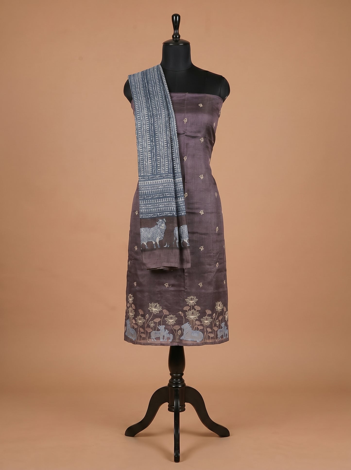 Dusty Plum Pichwai Embroidered Tussar Silk Unstitched Salwar Kameez