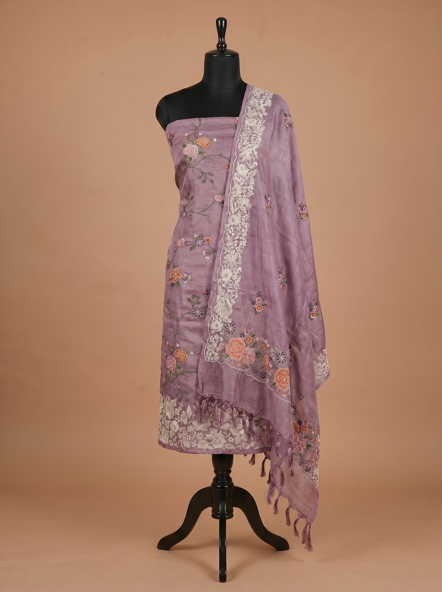 Purple Embroidered Tussar Silk Unstitched Salwar Kameez
