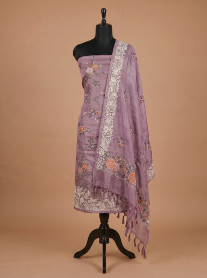 Purple Embroidered Tussar Silk Unstitched Salwar Kameez