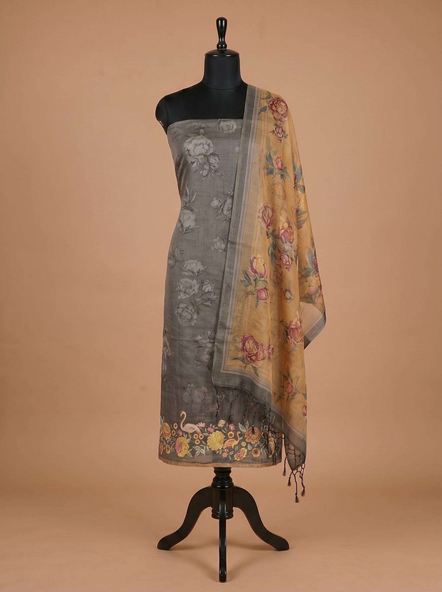 Grey Floral Printed Organza Unstitched Salwar Kameez
