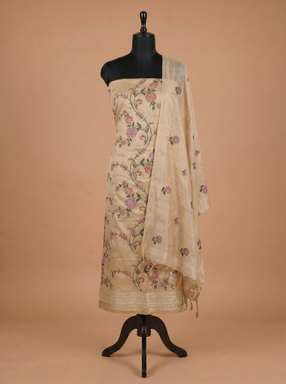 Beige Embroidered Tussar Silk Unstitched Salwar Kameez