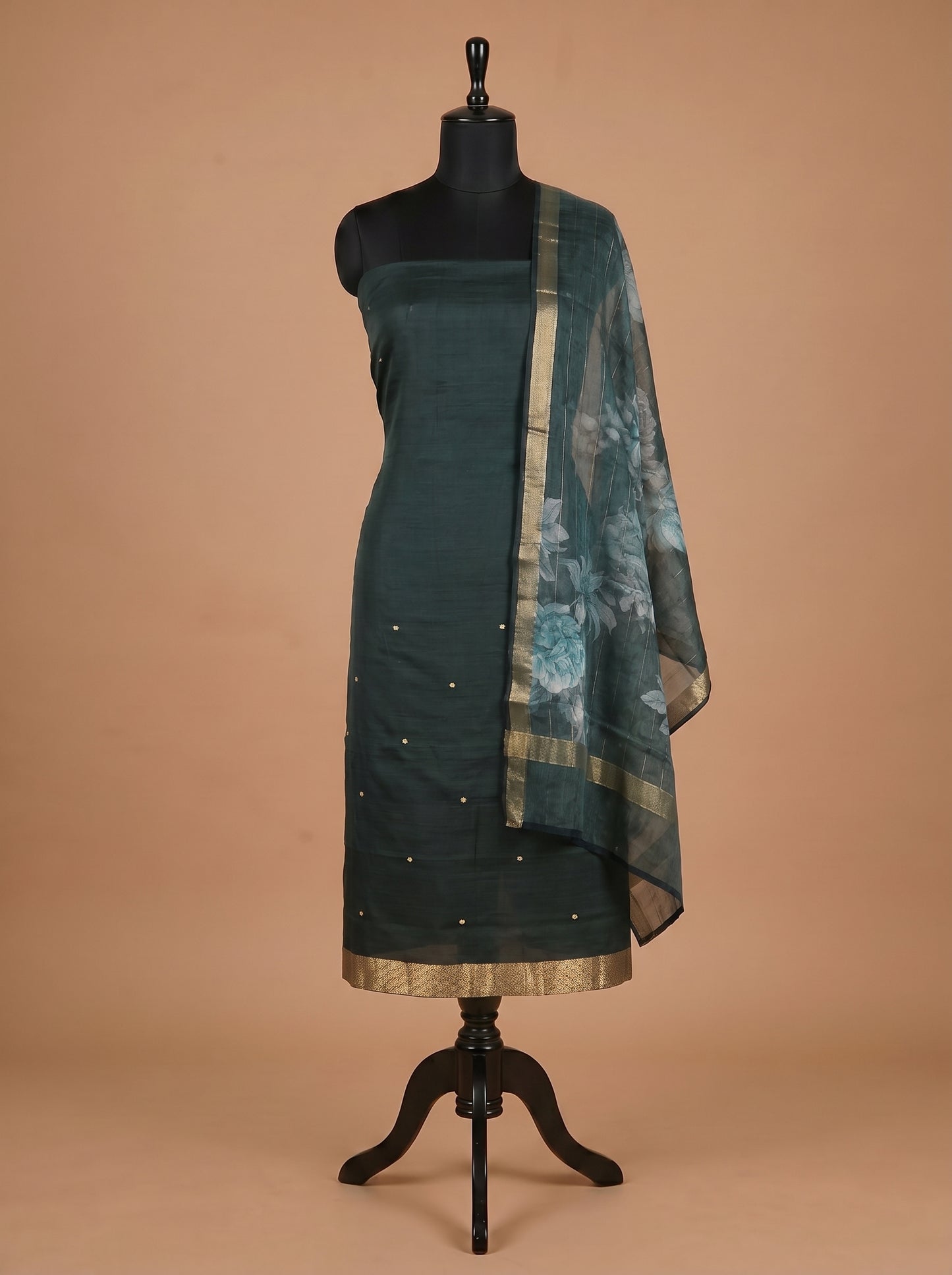 Bottle Green Banarasi Silk Unstitched Salwar Kameez