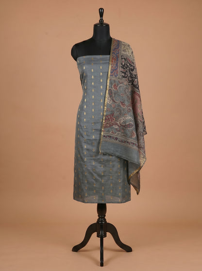 Steel Grey Zari Woven Silk Unstitched Salwar Kameez