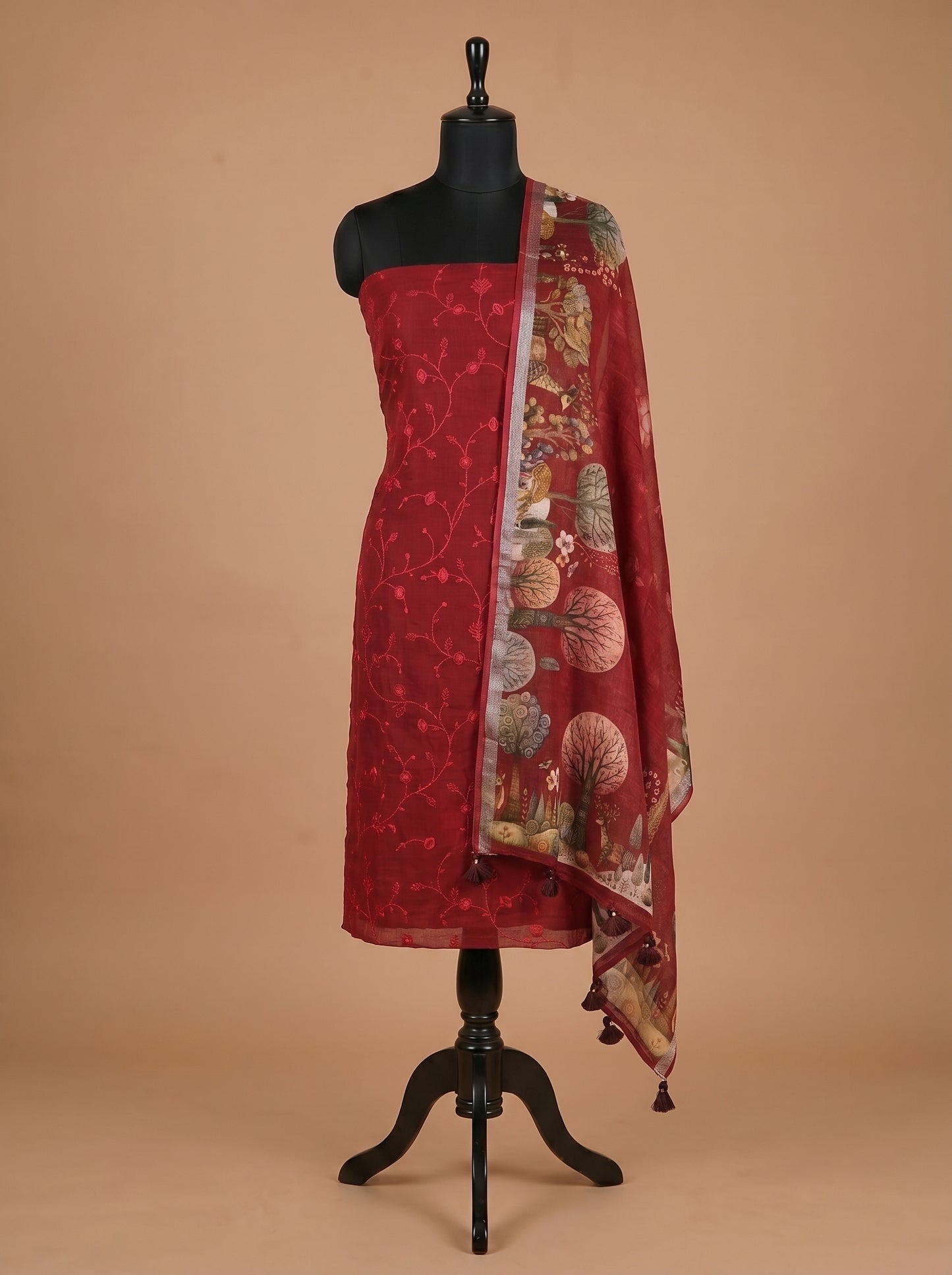 Deep Red Embroidered Cotton Linen Unstitched Salwar Kameez