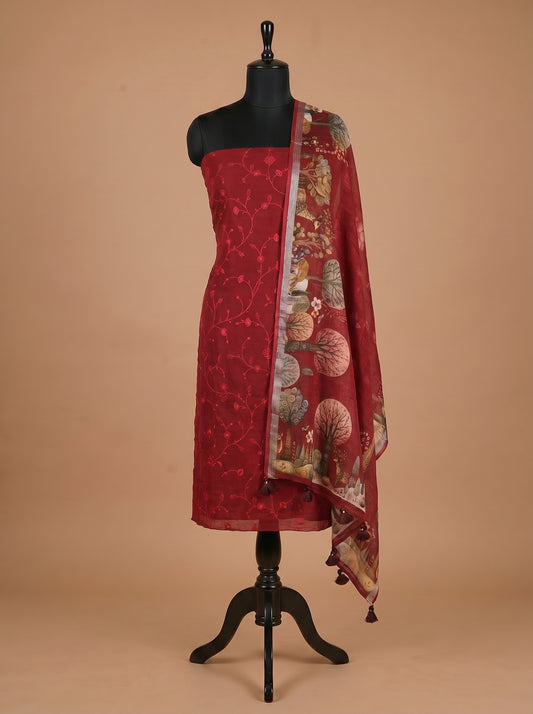 Deep Red Embroidered Cotton Linen Unstitched Salwar Kameez