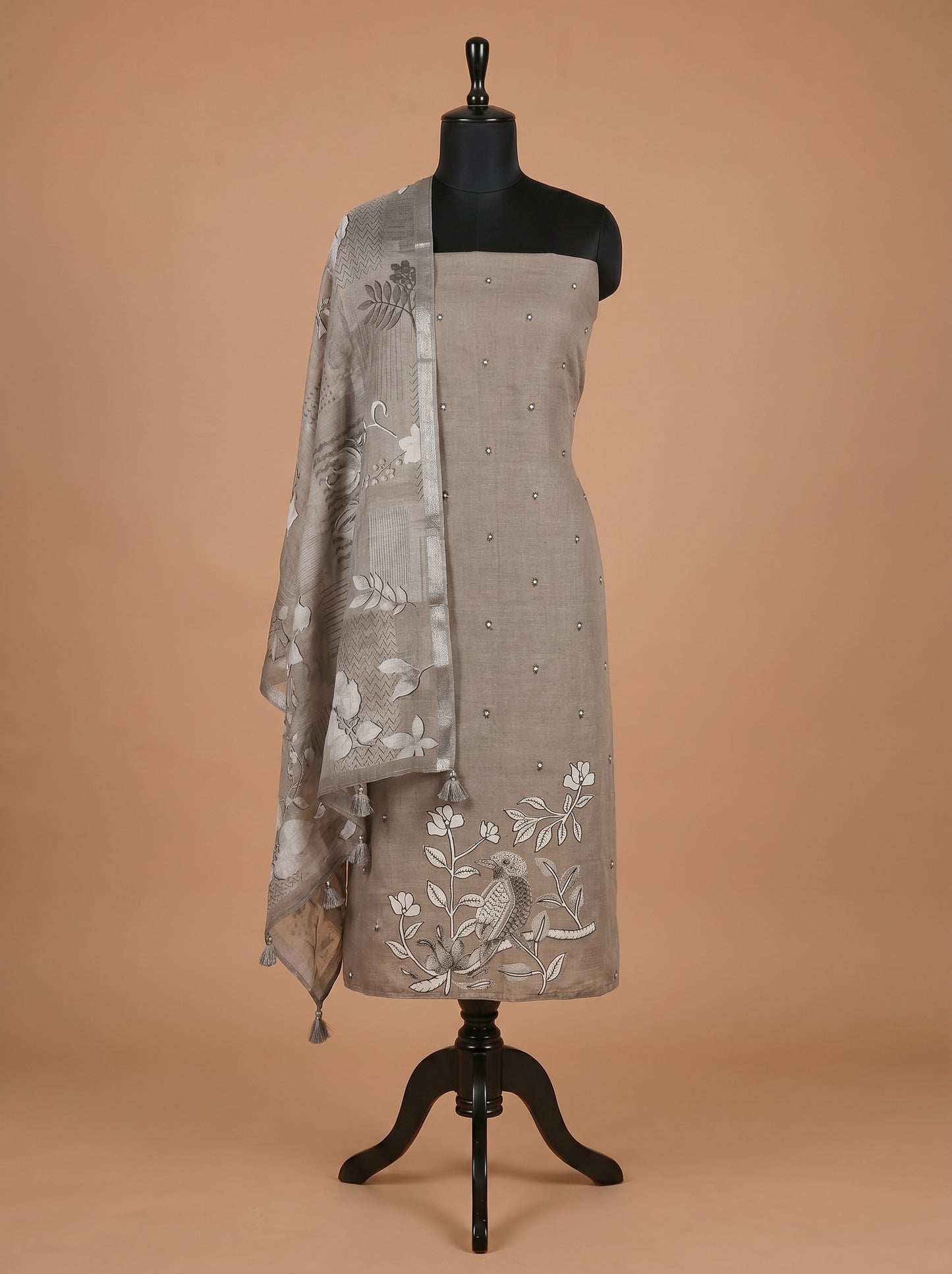 Grey Bird Motif Cotton Linen Unstitched Salwar Kameez