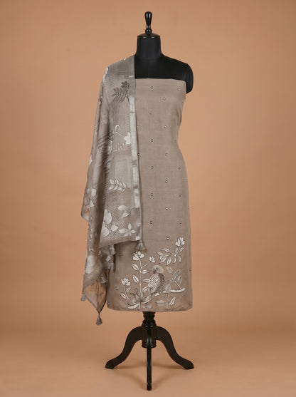 Grey Bird Motif Cotton Linen Unstitched Salwar Kameez