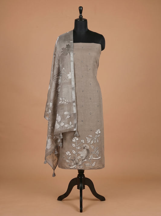 Grey Bird Motif Cotton Linen Unstitched Salwar Kameez
