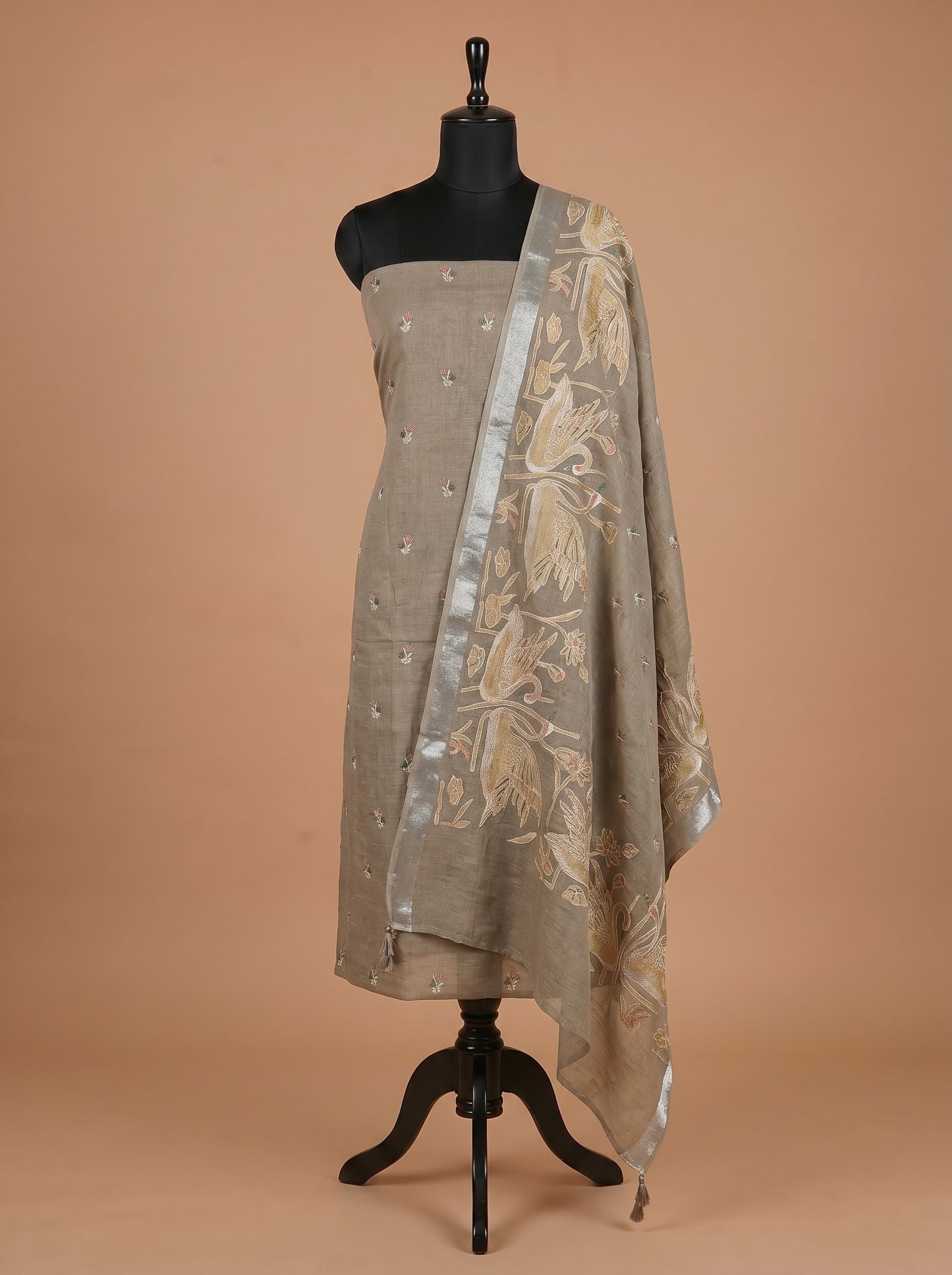 Taupe Cotton Linen Embroidered Unstitched Suit Set with Statement Dupatta