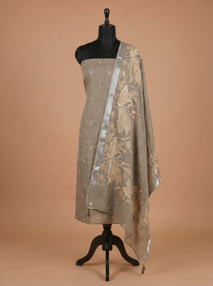 Taupe Cotton Linen Embroidered Unstitched Suit Set with Statement Dupatta