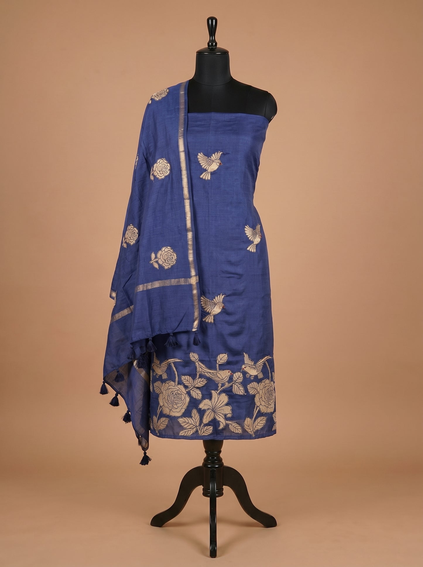 Royal Blue Munga Silk Bird Motif Unstitched Suit Set