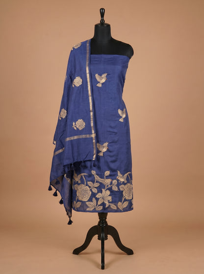 Royal Blue Munga Silk Bird Motif Unstitched Suit Set