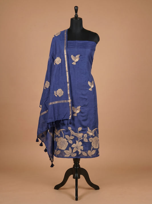 Royal Blue Munga Silk Bird Motif Unstitched Suit Set
