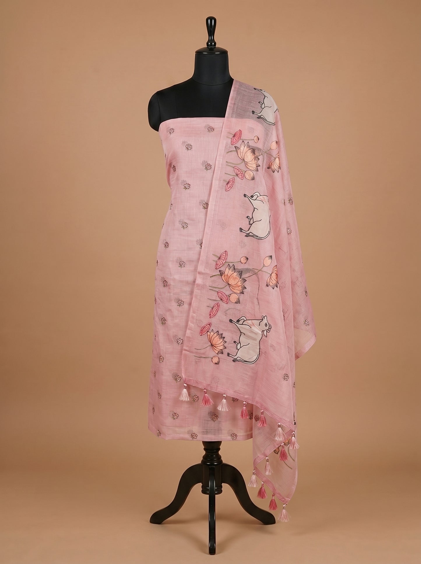 Light Pink Kota Embroidered Unstitched Suit Set with Artistic Dupatta