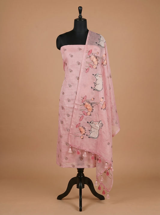Light Pink Kota Embroidered Unstitched Suit Set with Artistic Dupatta