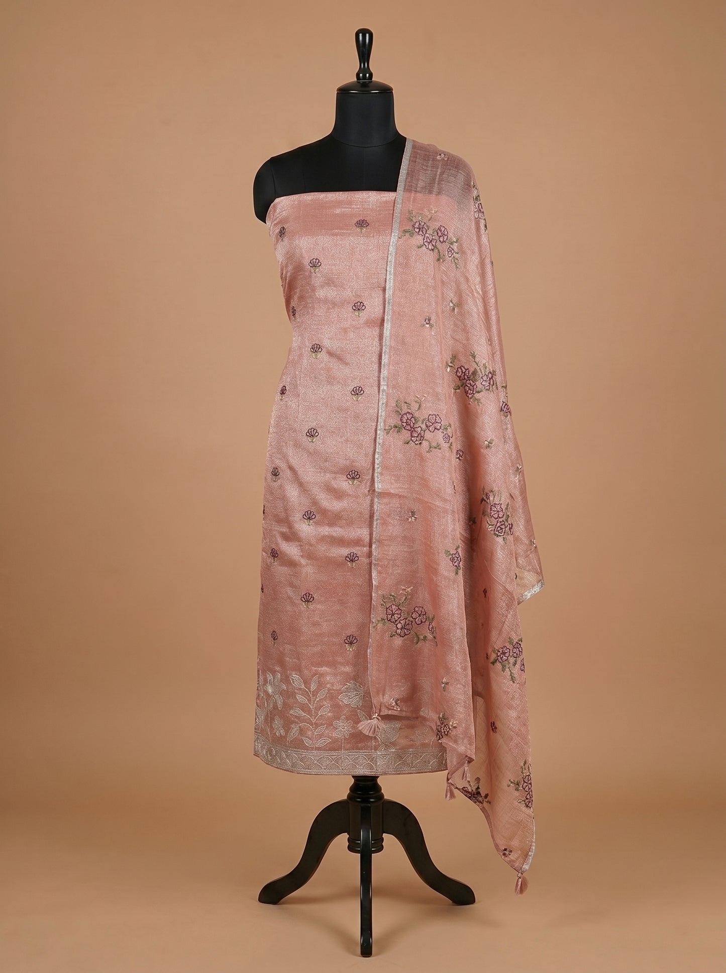 Onion Pink Linen Tissue Embroidered Unstitched Suit Set