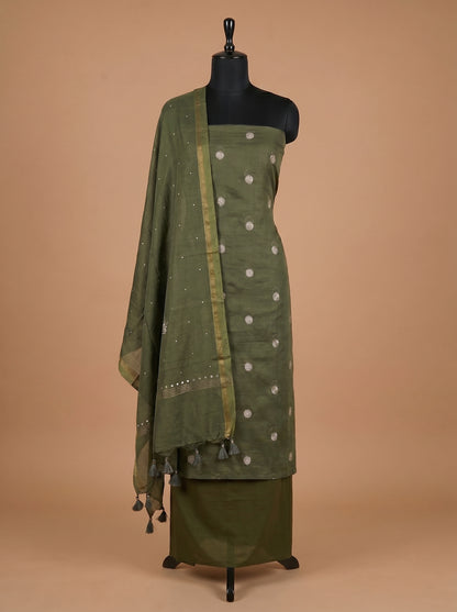 Olive Green Chanderi Silk Unstitched Suit Set with Mukaish Dupatta