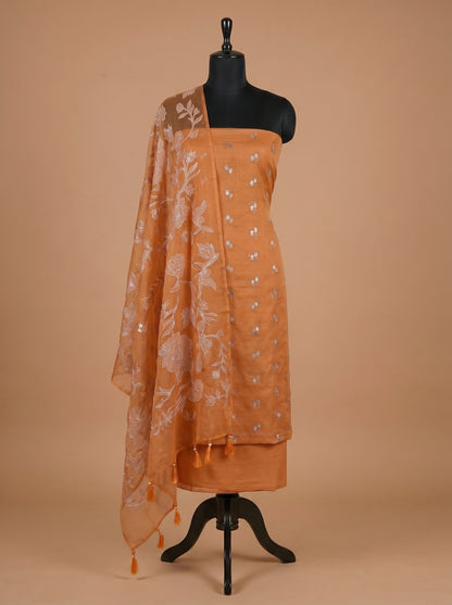 Rust Orange Chanderi Silk Unstitched Suit Set with Floral Organza Dupatta