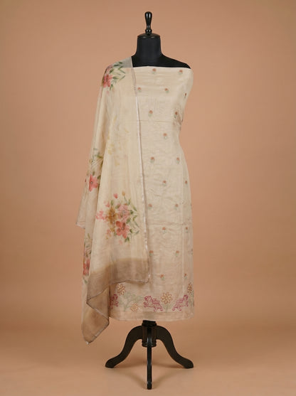 Beige Mulmul Cotton Unstitched Suit Set with Floral Kota Dupatta