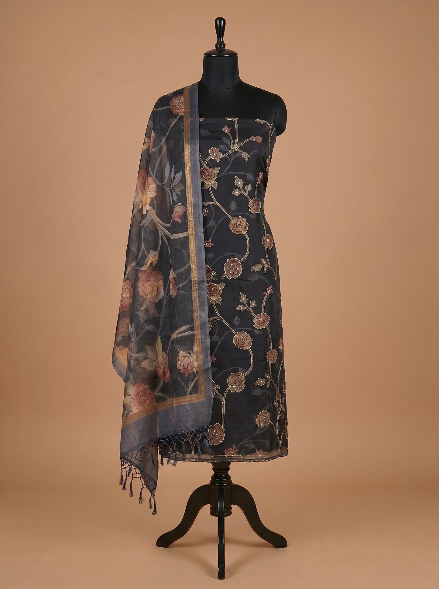 Midnight Blue Printed Organza Unstitched Salwar Kameez