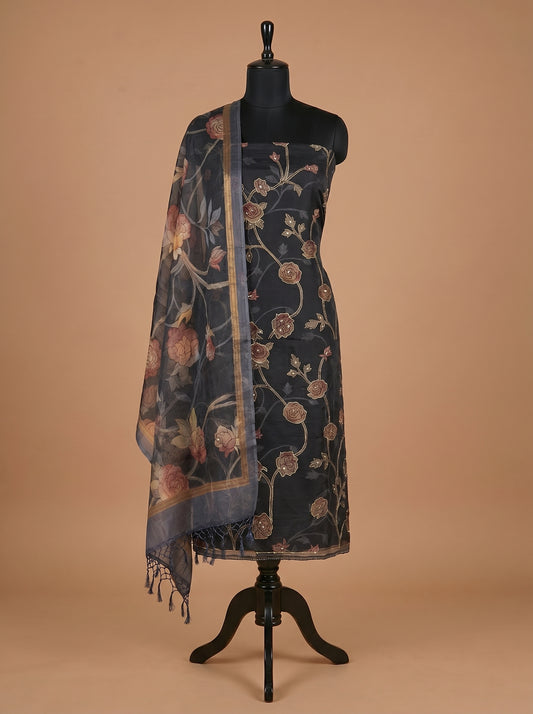 Midnight Blue Printed Organza Unstitched Salwar Kameez