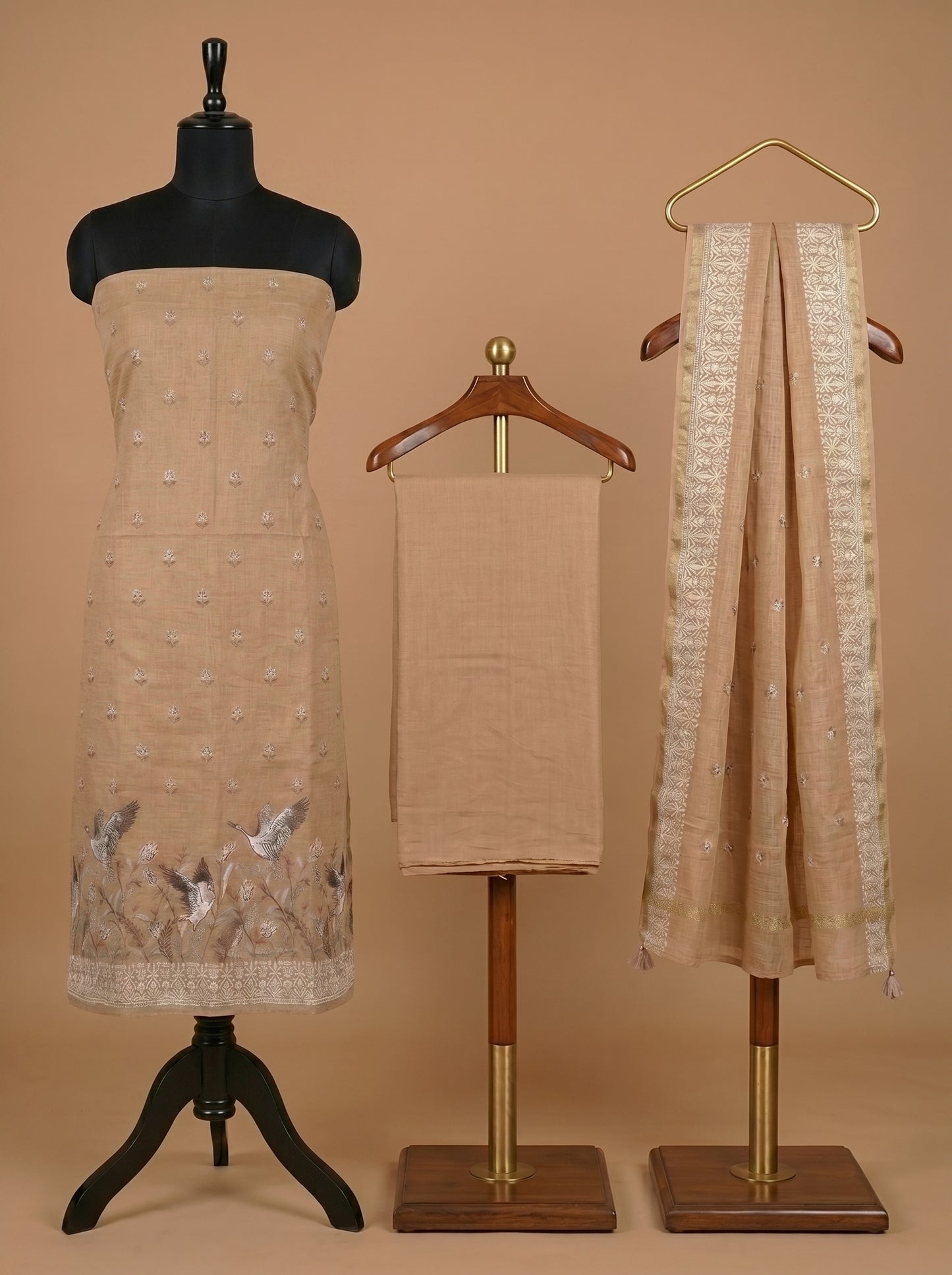 Peach Beige Kota Unstitched Suit Set with Bird Motif Embroidery