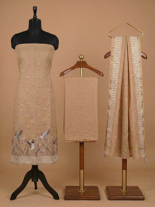 Peach Beige Kota Unstitched Suit Set with Bird Motif Embroidery